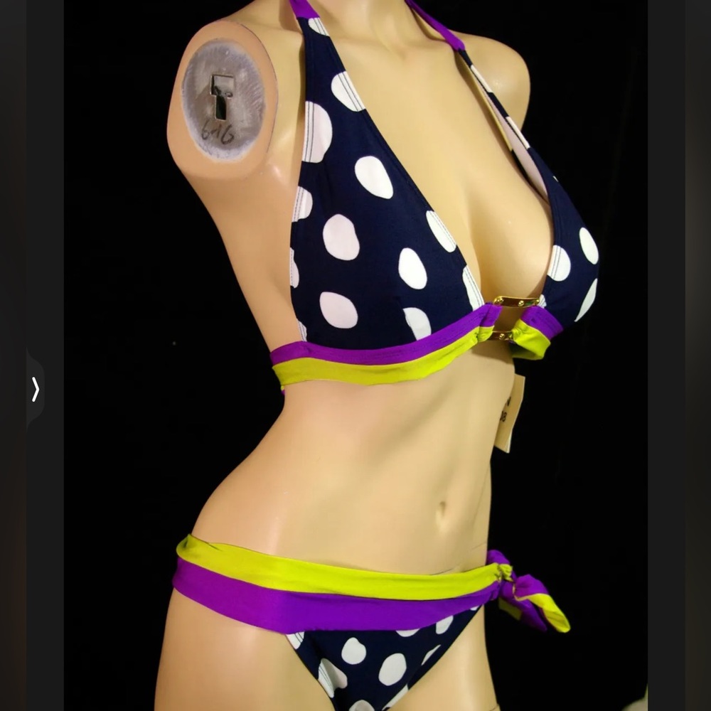 Womens swimsuit  Bikini W SWIM Rare Unique polka dot banded Halter $138 SEXY M